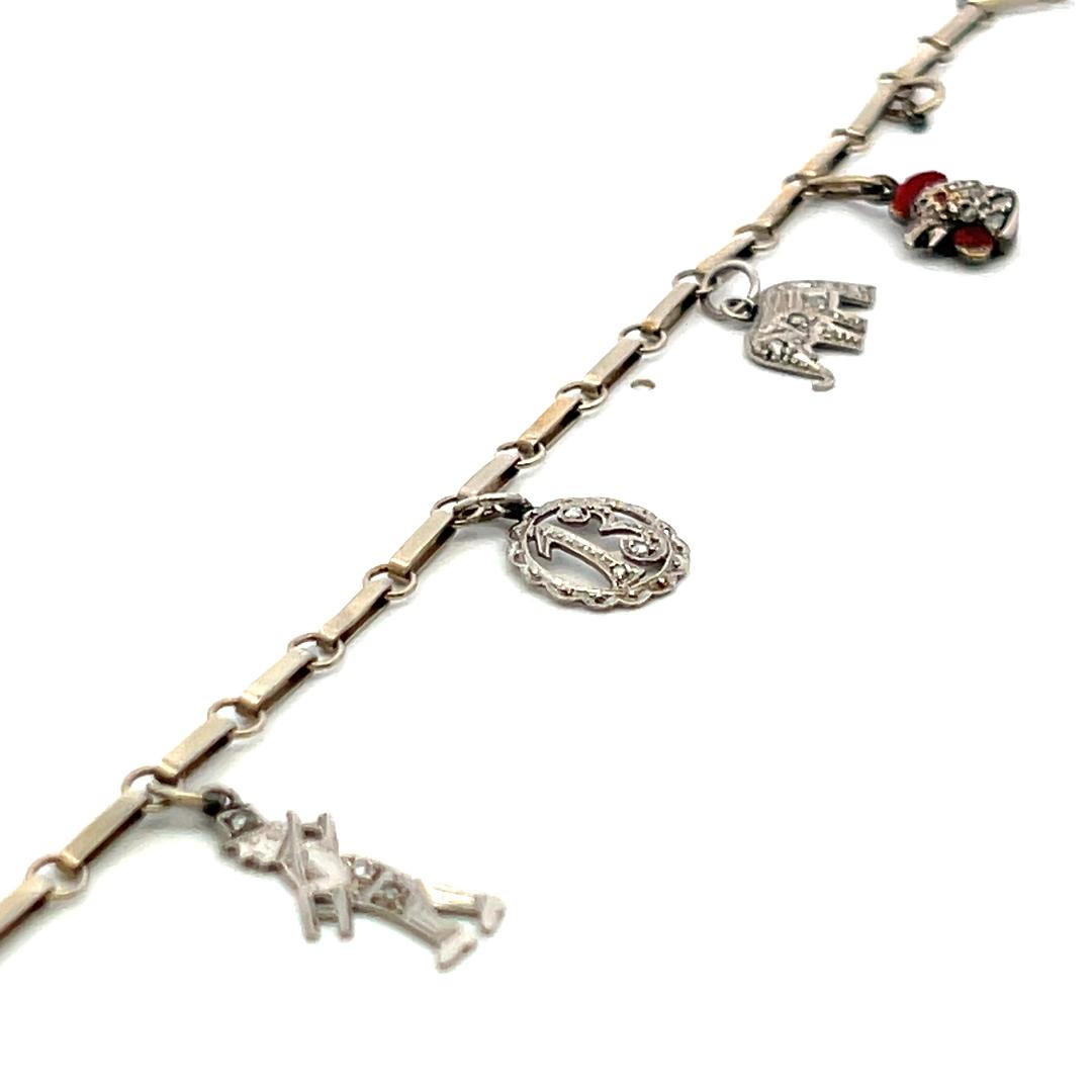 Vintage 14K White Gold Charm Bracelet with 0.1 Carat Rose Cut I SI Diamonds