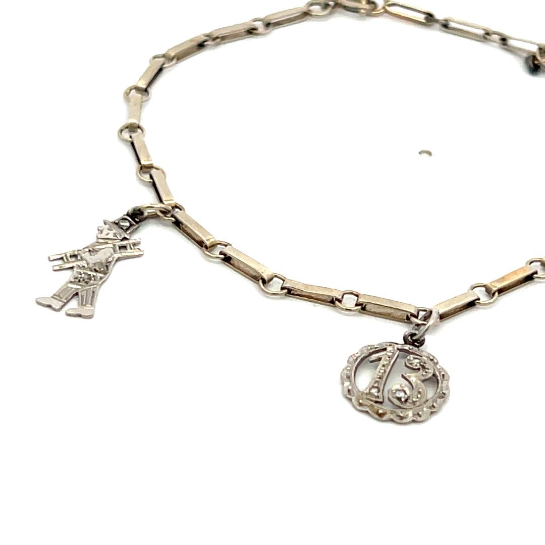 Vintage 14K White Gold Charm Bracelet with 0.1 Carat Rose Cut I SI Diamonds