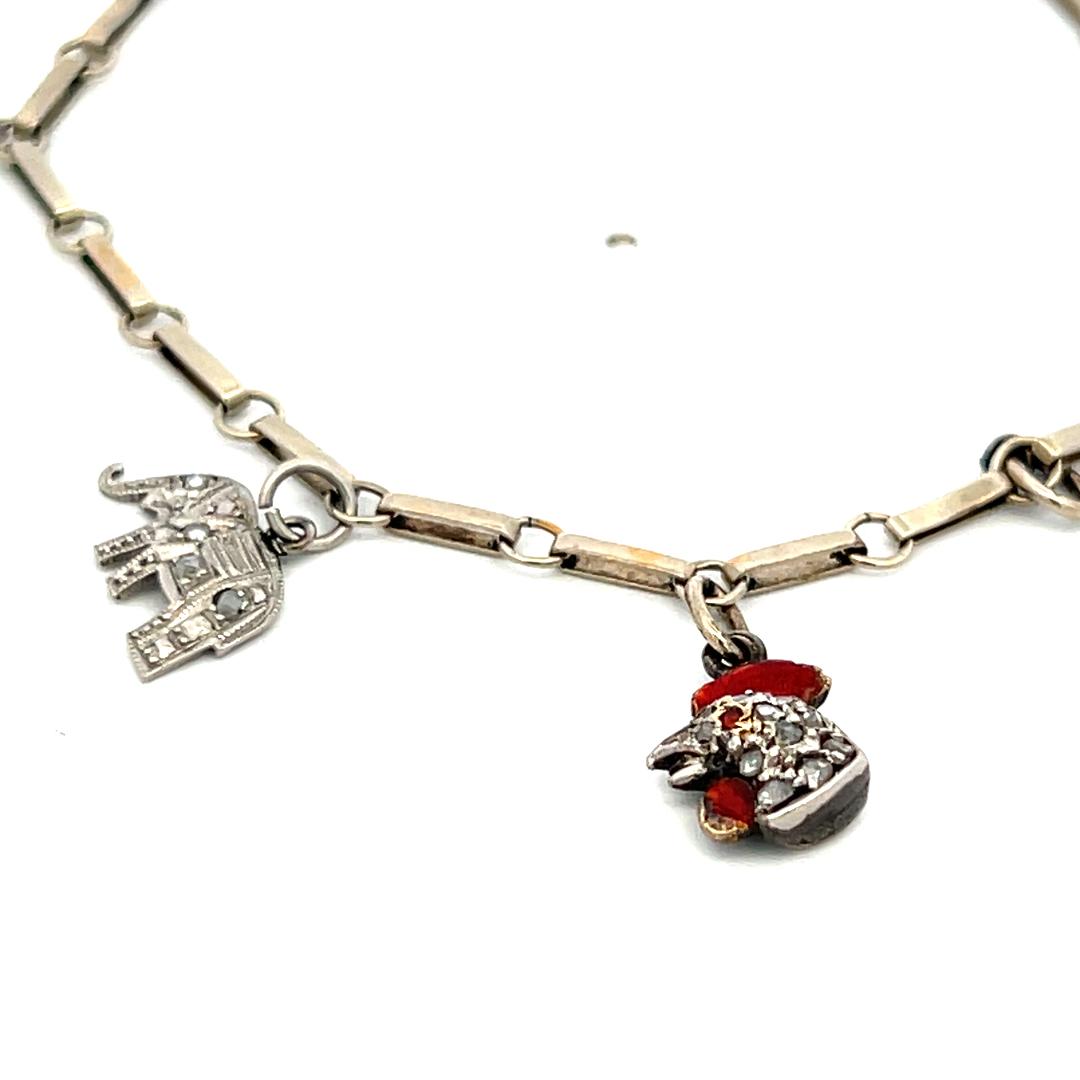 Vintage 14K White Gold Charm Bracelet with 0.1 Carat Rose Cut I SI Diamonds
