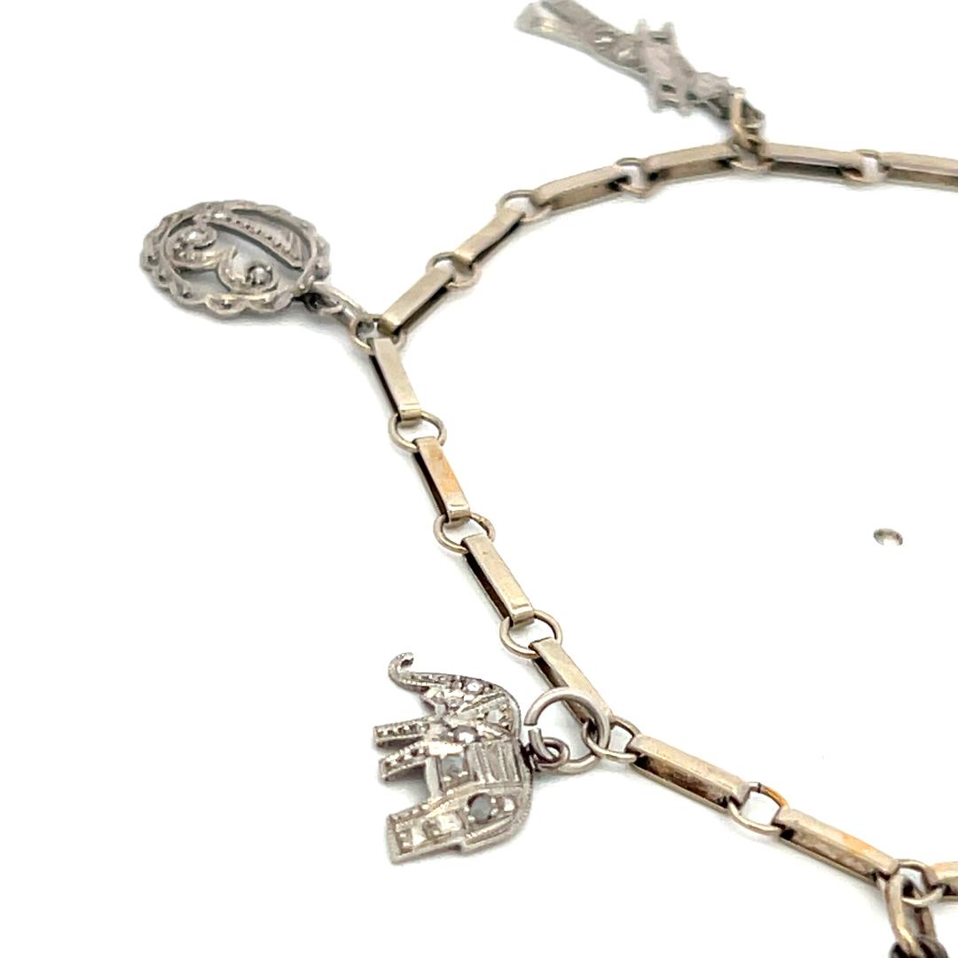 Vintage 14K White Gold Charm Bracelet with 0.1 Carat Rose Cut I SI Diamonds