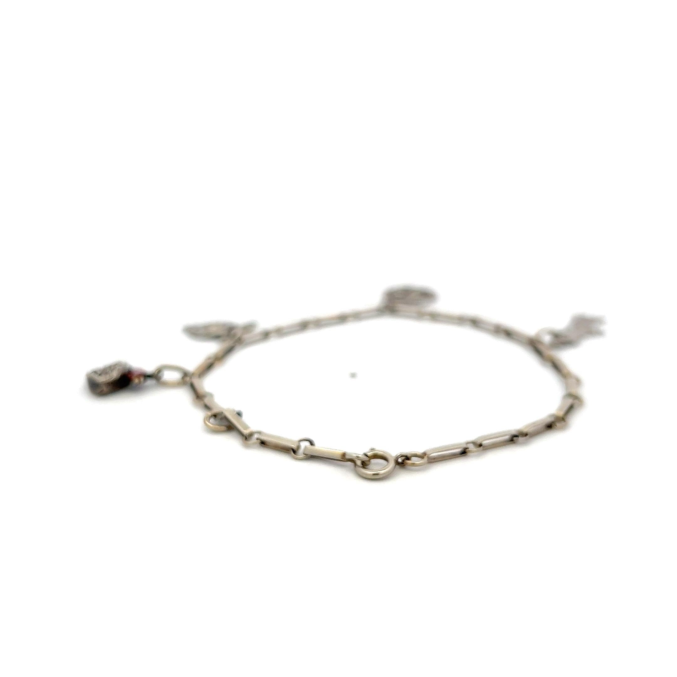Vintage 14K White Gold Charm Bracelet with 0.1 Carat Rose Cut I SI Diamonds