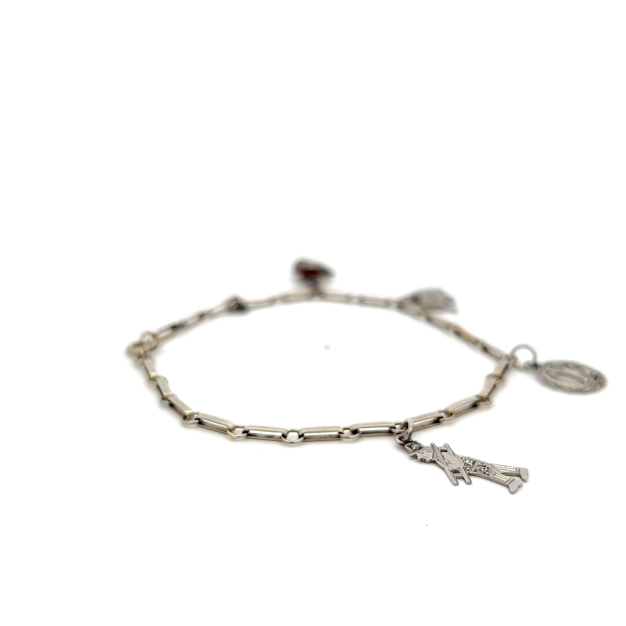 Vintage 14K White Gold Charm Bracelet with 0.1 Carat Rose Cut I SI Diamonds