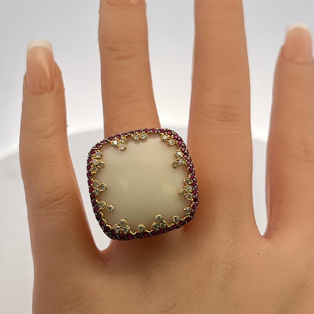 18K Yellow Gold Cocktail Ring with 0.32ct Round Diamond 1ct Ruby & Agate Size 5