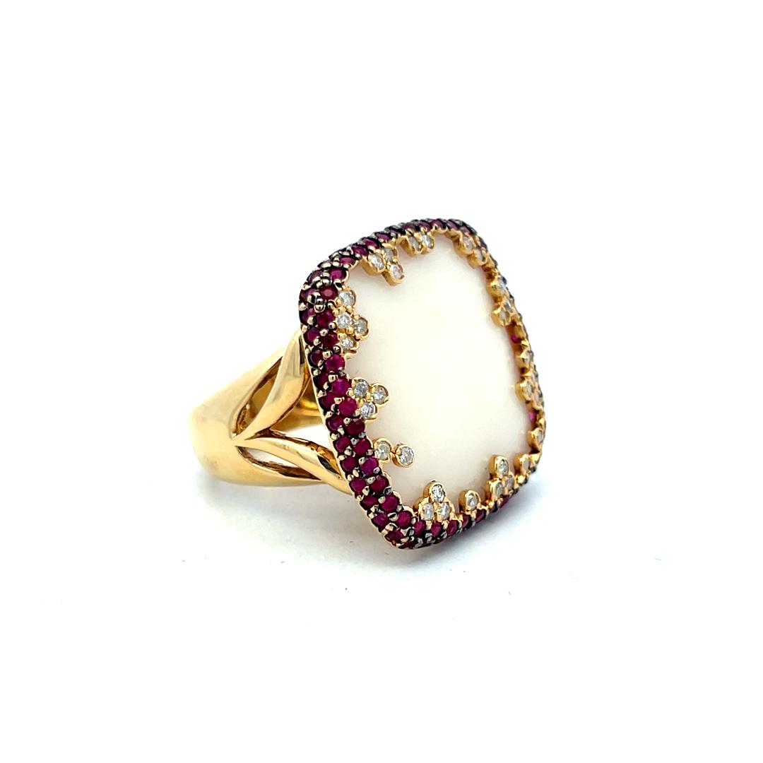 18K Yellow Gold Cocktail Ring with 0.32ct Round Diamond 1ct Ruby & Agate Size 5