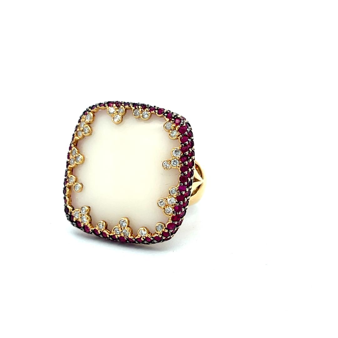 18K Yellow Gold Cocktail Ring with 0.32ct Round Diamond 1ct Ruby & Agate Size 5