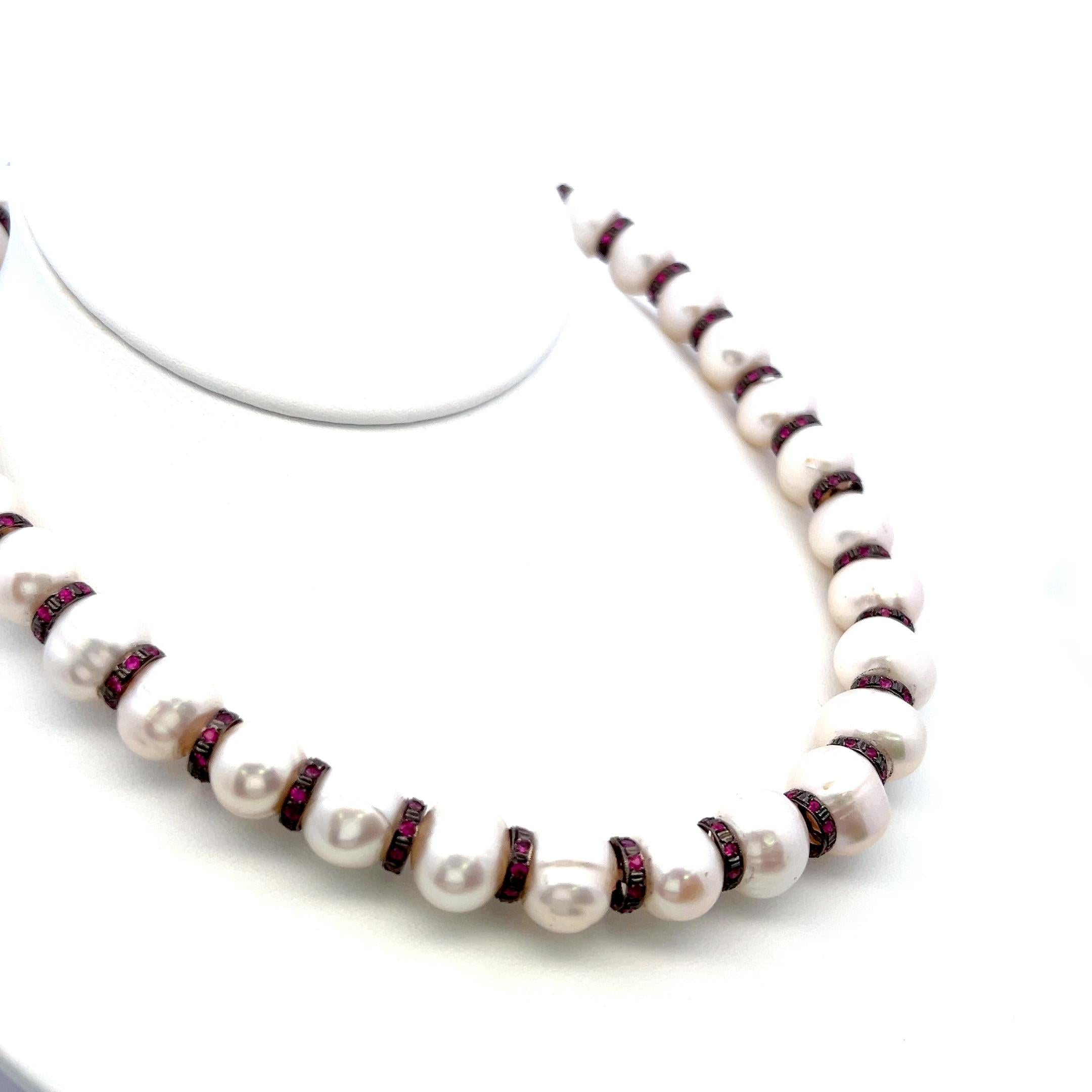 18K Black Gold Beaded Necklace with 4.5 Carat Ruby & 1.09-13.00 MM Pearls