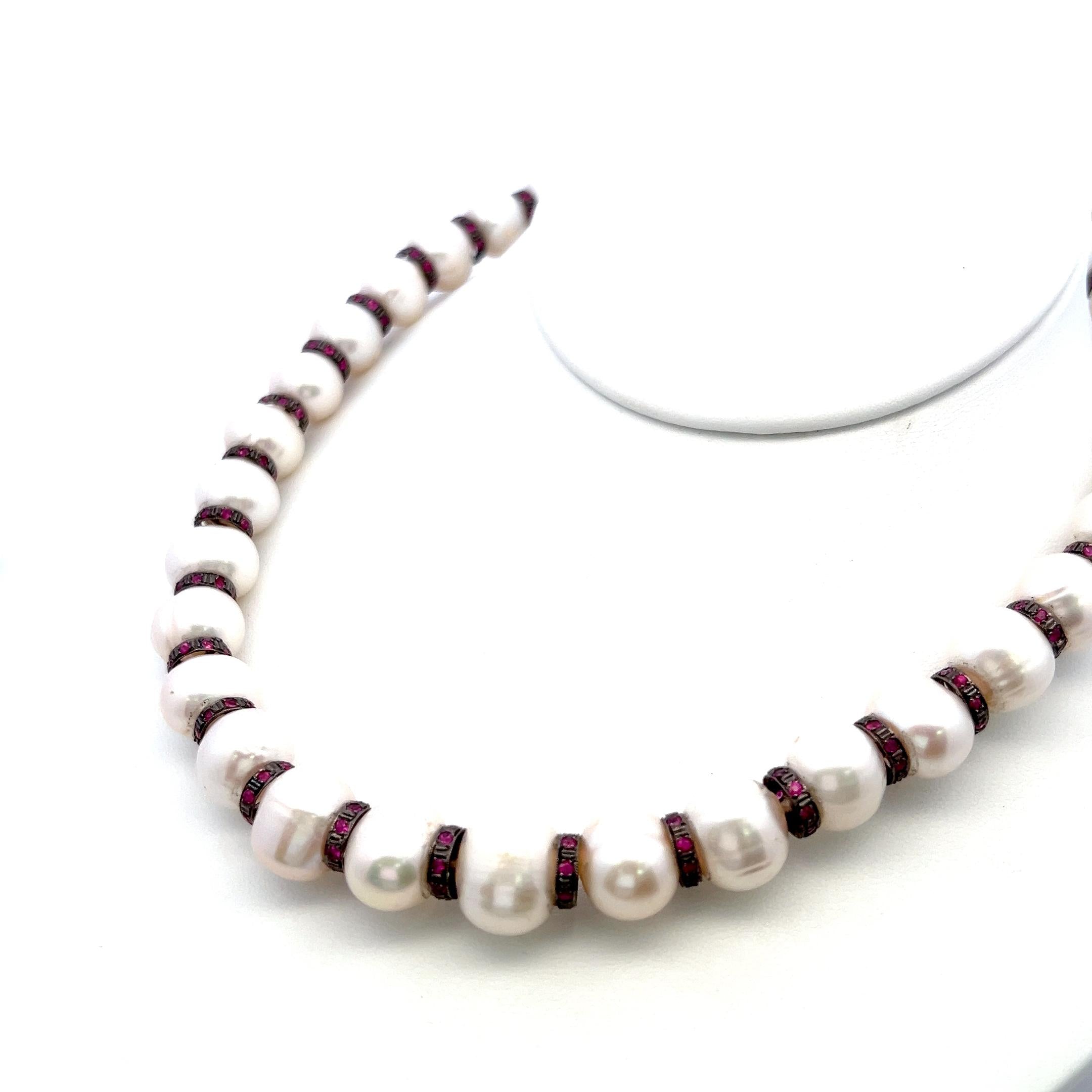 18K Black Gold Beaded Necklace with 4.5 Carat Ruby & 1.09-13.00 MM Pearls