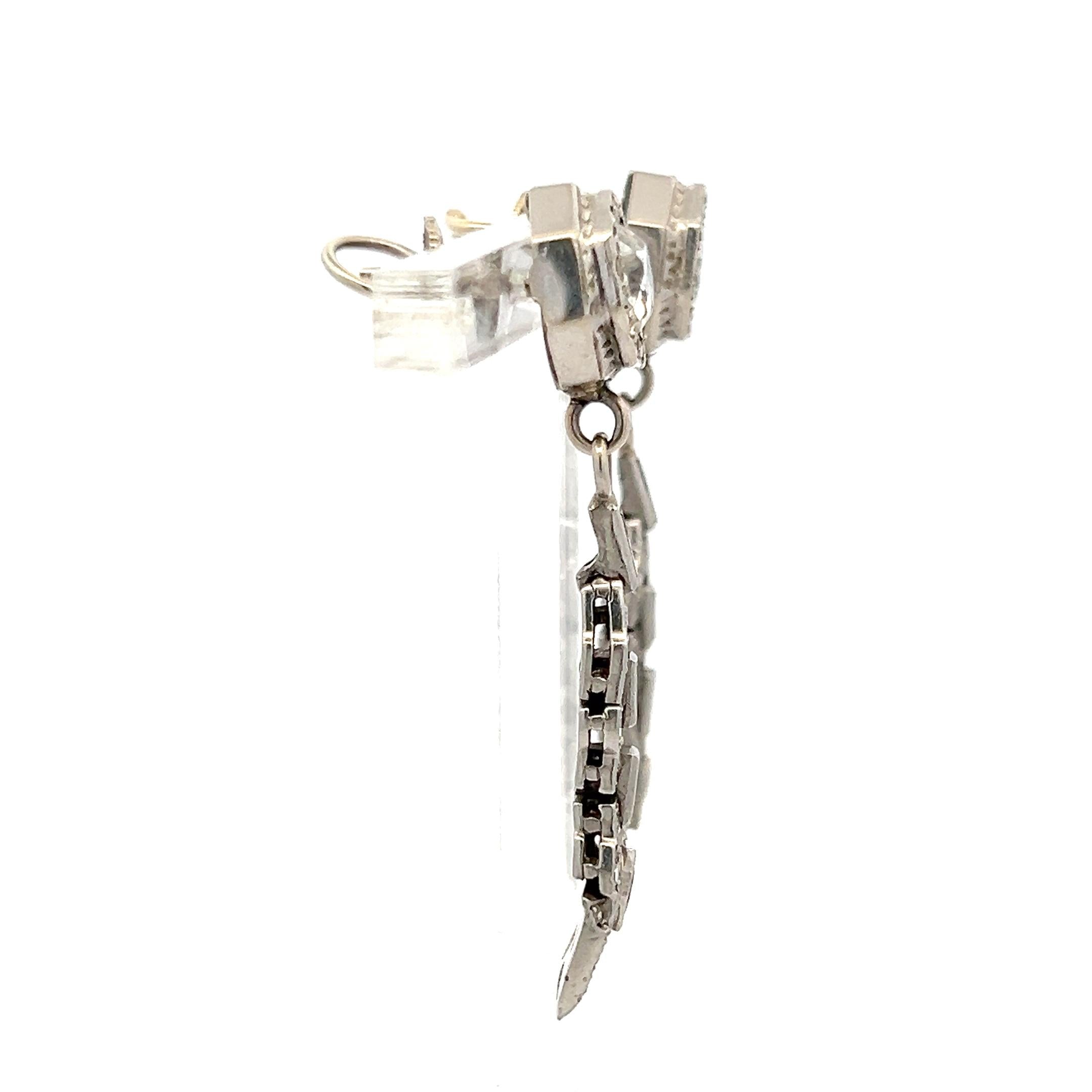 Vintage 14K White Gold Drop Earrings with 2 Carat Old Miner Cut I-SI Diamonds