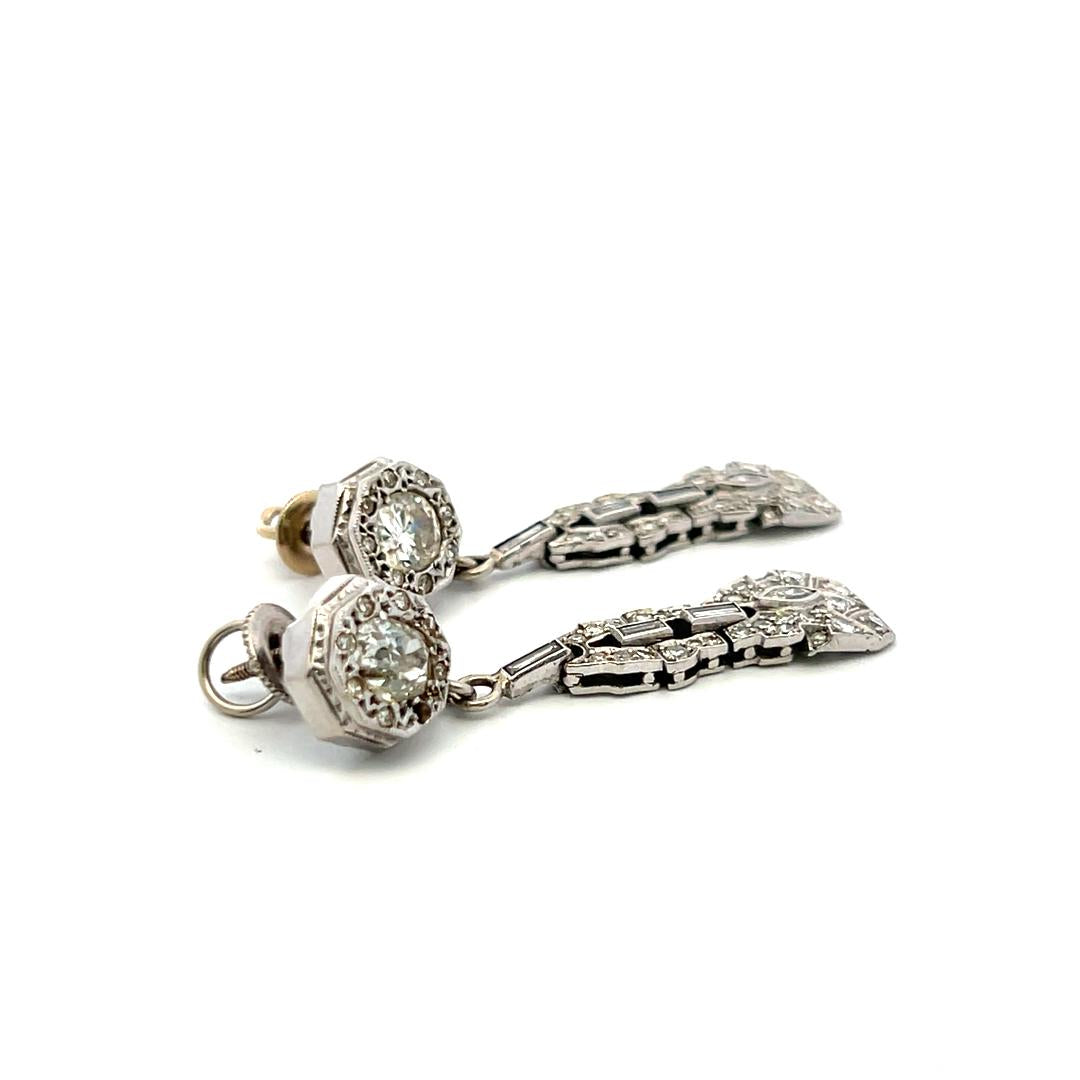 Vintage 14K White Gold Drop Earrings with 2 Carat Old Miner Cut I-SI Diamonds