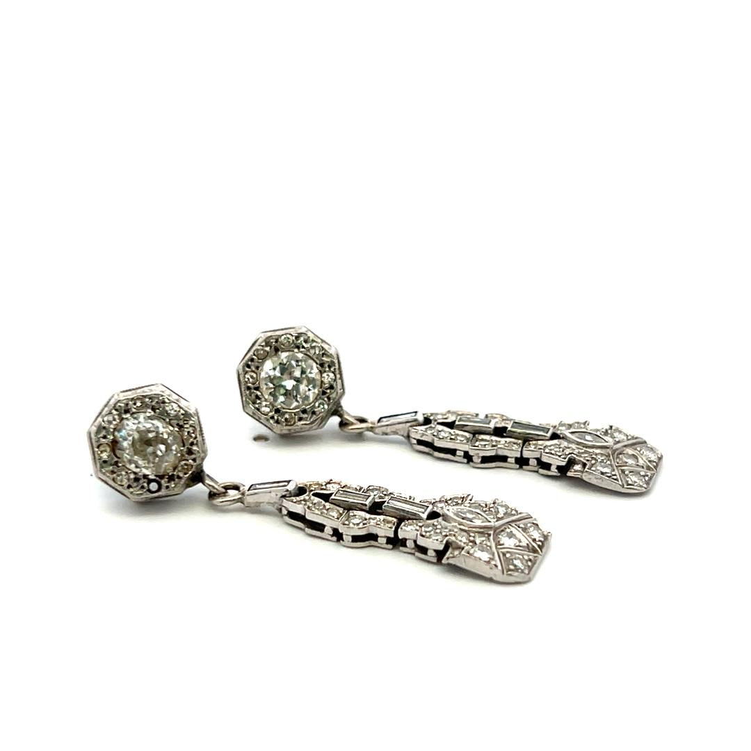 Vintage 14K White Gold Drop Earrings with 2 Carat Old Miner Cut I-SI Diamonds