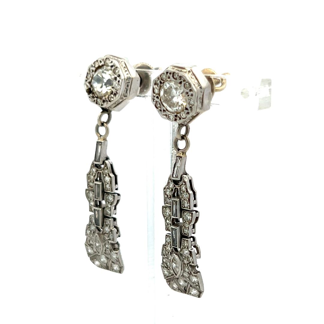 Vintage 14K White Gold Drop Earrings with 2 Carat Old Miner Cut I-SI Diamonds