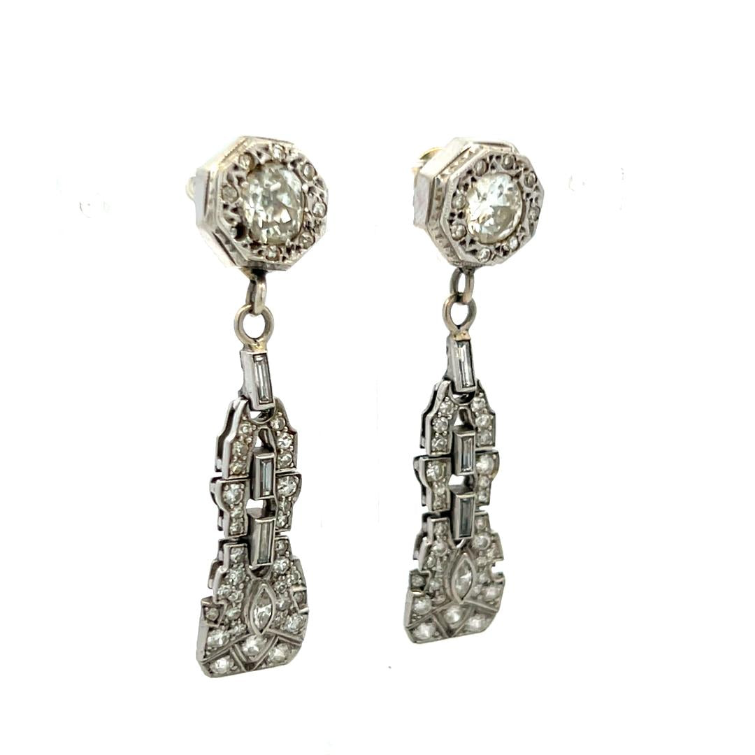 Vintage 14K White Gold Drop Earrings with 2 Carat Old Miner Cut I-SI Diamonds