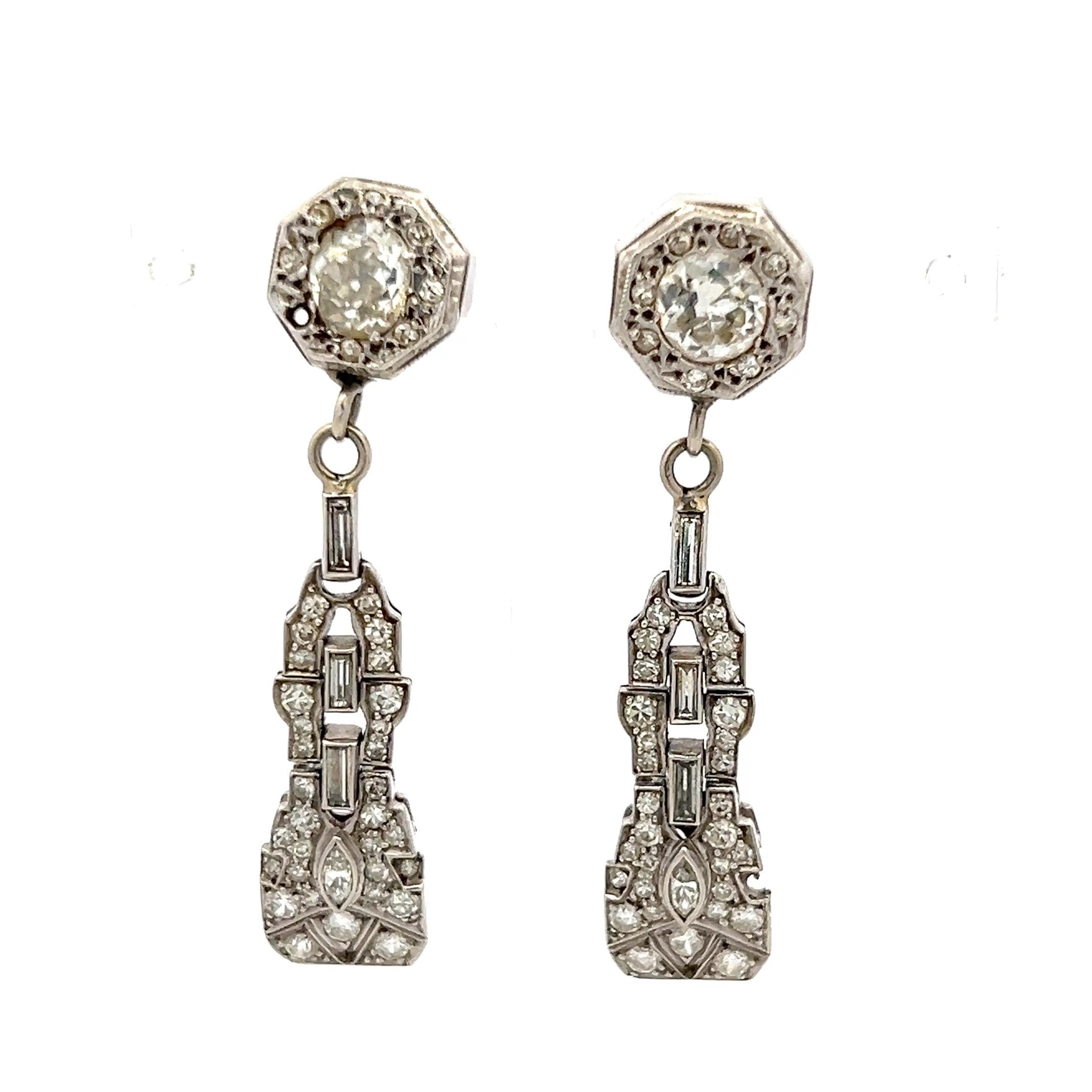 Vintage 14K White Gold Drop Earrings with 2 Carat Old Miner Cut I-SI Diamonds