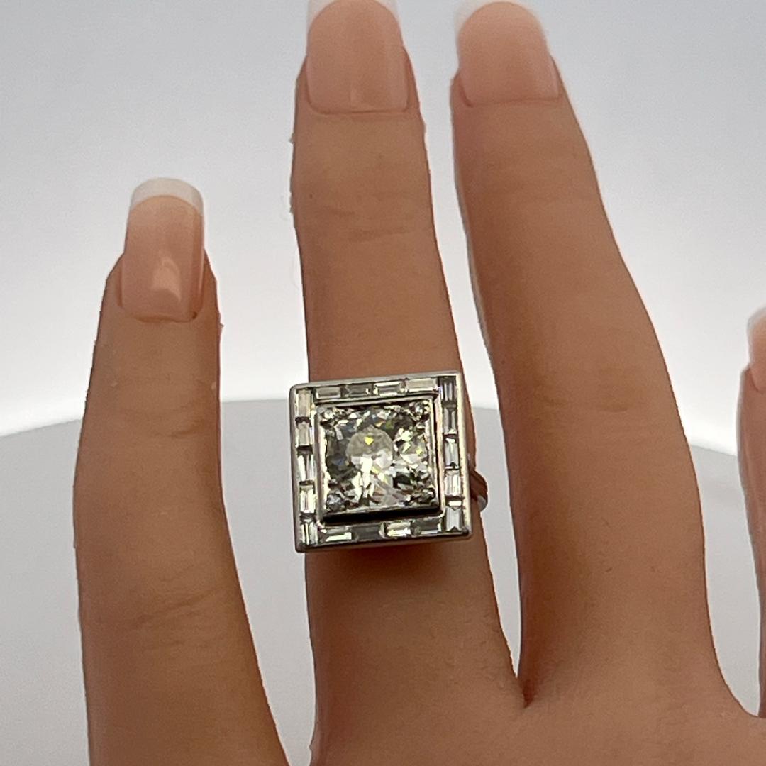 Platinum Engagement Ring with 3.9ct Old Miner Cut & Baguette Diamonds Size 4.5