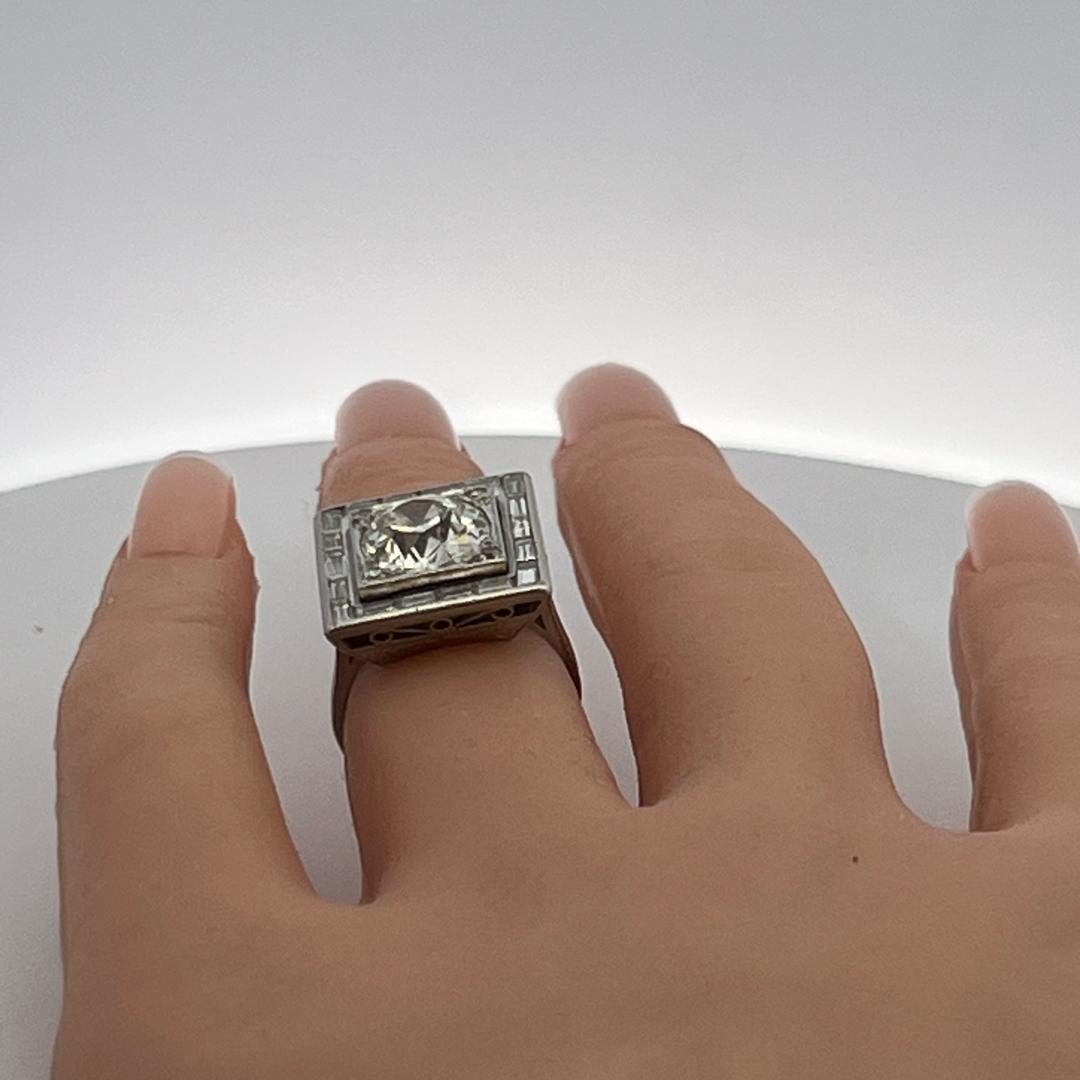 Platinum Engagement Ring with 3.9ct Old Miner Cut & Baguette Diamonds Size 4.5