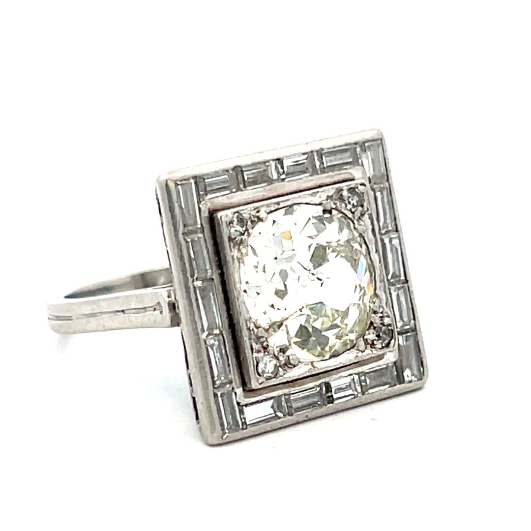 Platinum Engagement Ring with 3.9ct Old Miner Cut & Baguette Diamonds Size 4.5