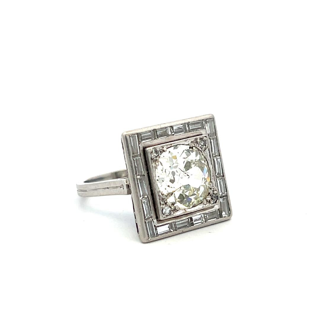 Platinum Engagement Ring with 3.9ct Old Miner Cut & Baguette Diamonds Size 4.5