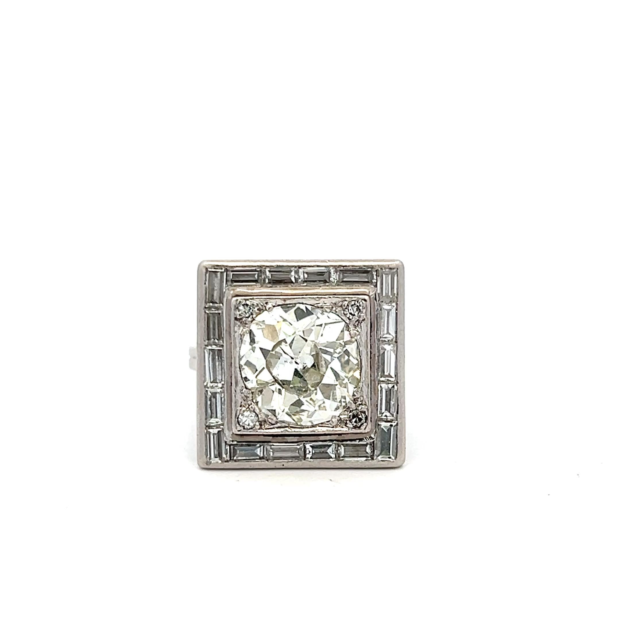 Platinum Engagement Ring with 3.9ct Old Miner Cut & Baguette Diamonds Size 4.5