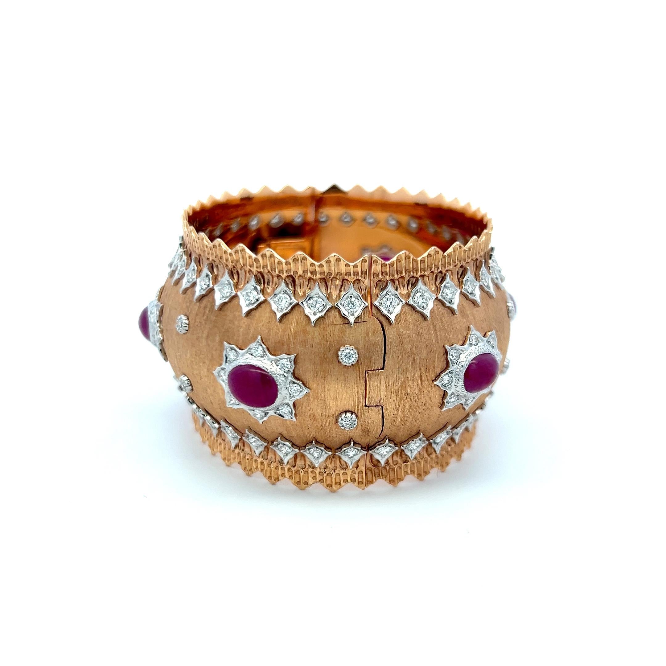 Vintage 18K Two Tone Gold Bangle Bracelet with 4 Carat Diamonds and 9 Carat Ruby