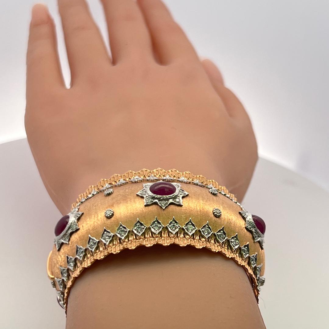 Vintage 18K Two Tone Gold Bangle Bracelet with 4 Carat Diamonds and 9 Carat Ruby