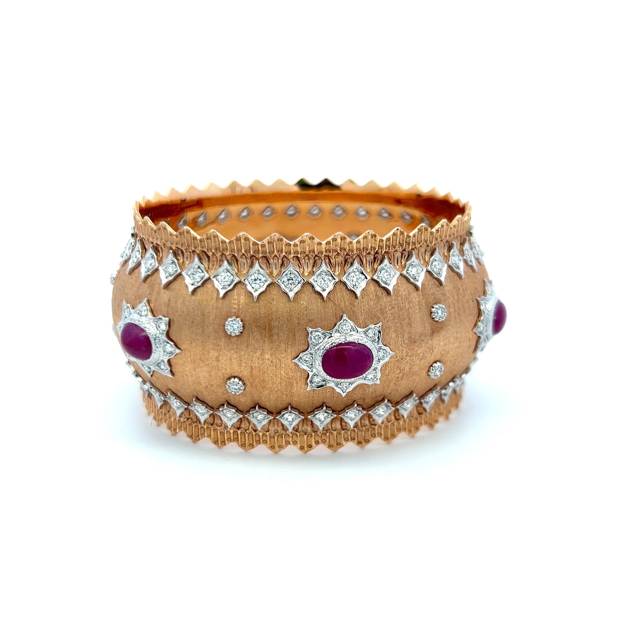 Vintage 18K Two Tone Gold Bangle Bracelet with 4 Carat Diamonds and 9 Carat Ruby