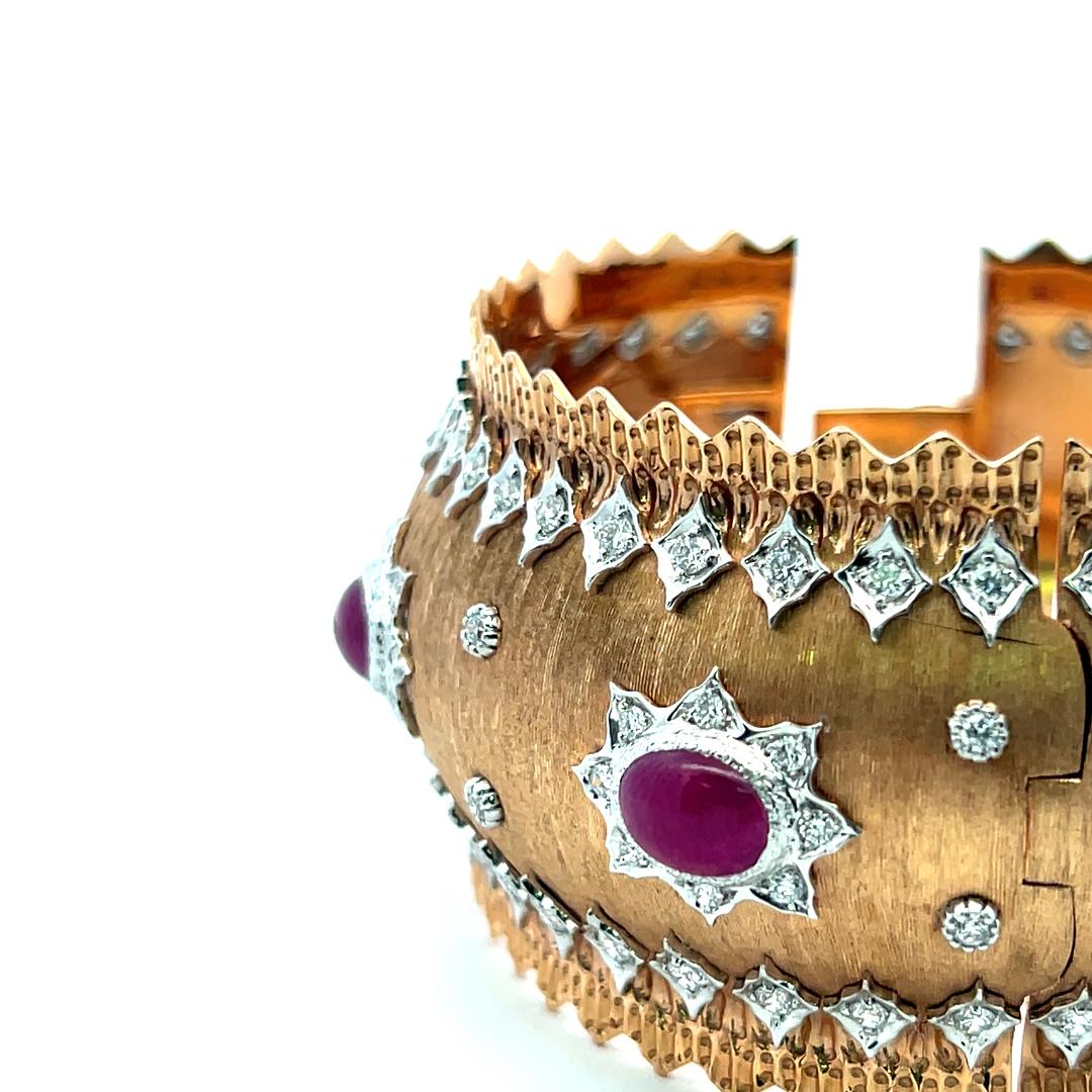 Vintage 18K Two Tone Gold Bangle Bracelet with 4 Carat Diamonds and 9 Carat Ruby