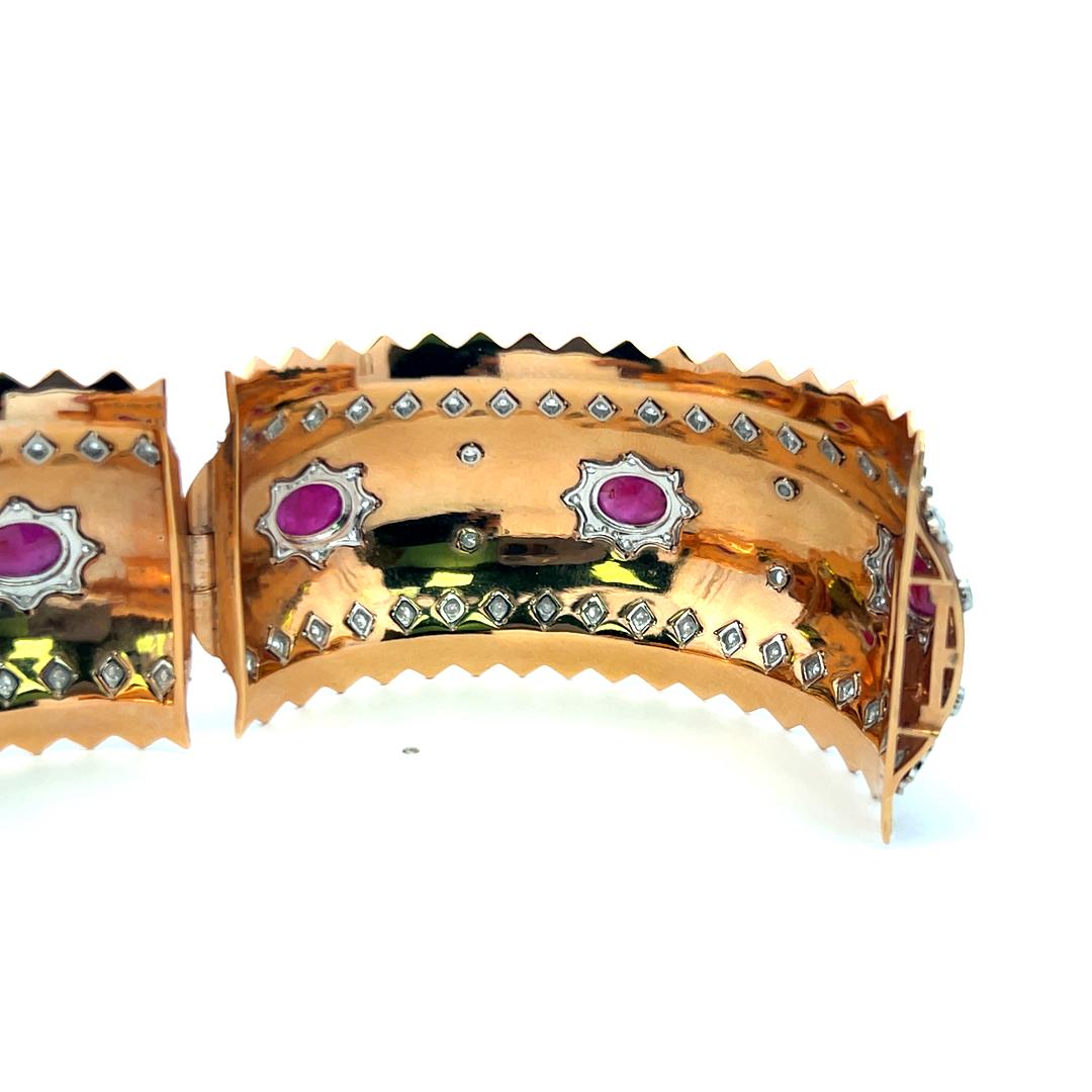 Vintage 18K Two Tone Gold Bangle Bracelet with 4 Carat Diamonds and 9 Carat Ruby