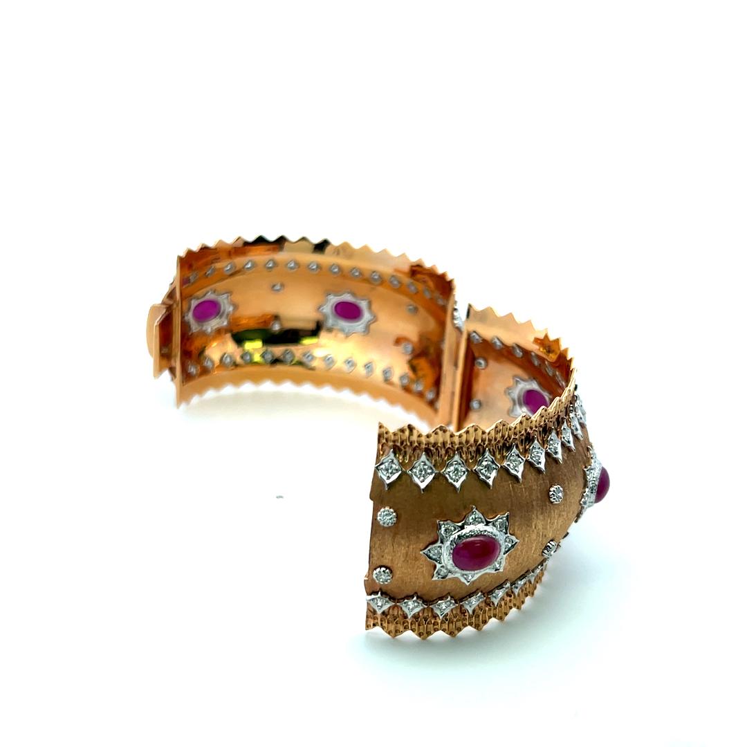 Vintage 18K Two Tone Gold Bangle Bracelet with 4 Carat Diamonds and 9 Carat Ruby