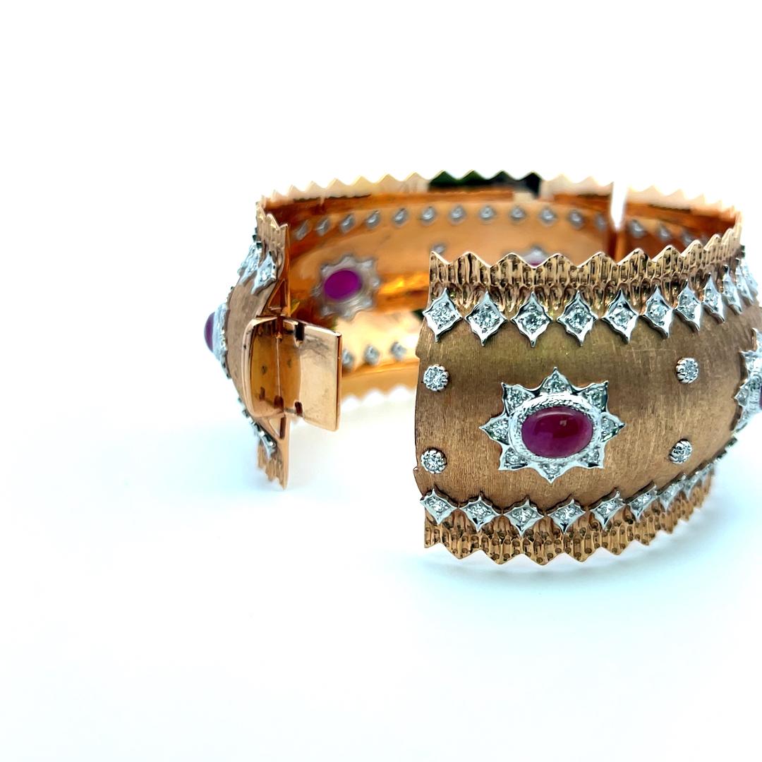 Vintage 18K Two Tone Gold Bangle Bracelet with 4 Carat Diamonds and 9 Carat Ruby