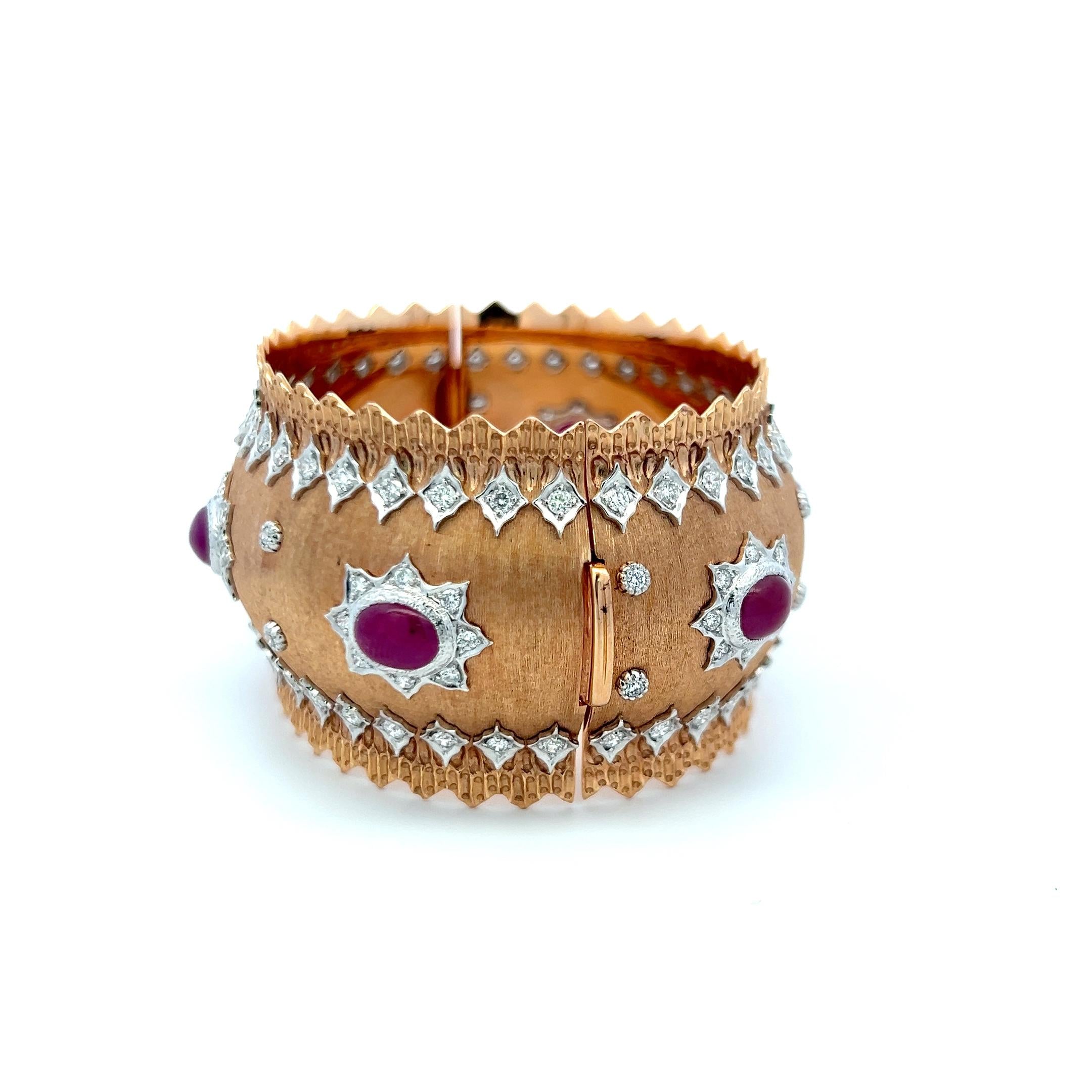 Vintage 18K Two Tone Gold Bangle Bracelet with 4 Carat Diamonds and 9 Carat Ruby