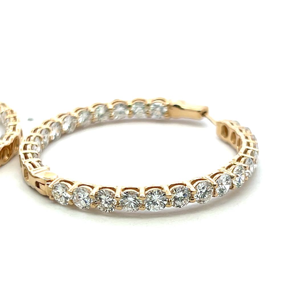 Vintage 14K Yellow Gold Hoop Earrings with 12.42 Carat Round G-VS Diamonds