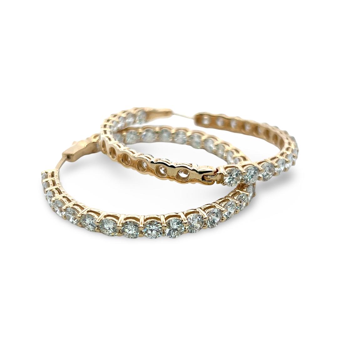 Vintage 14K Yellow Gold Hoop Earrings with 12.42 Carat Round G-VS Diamonds