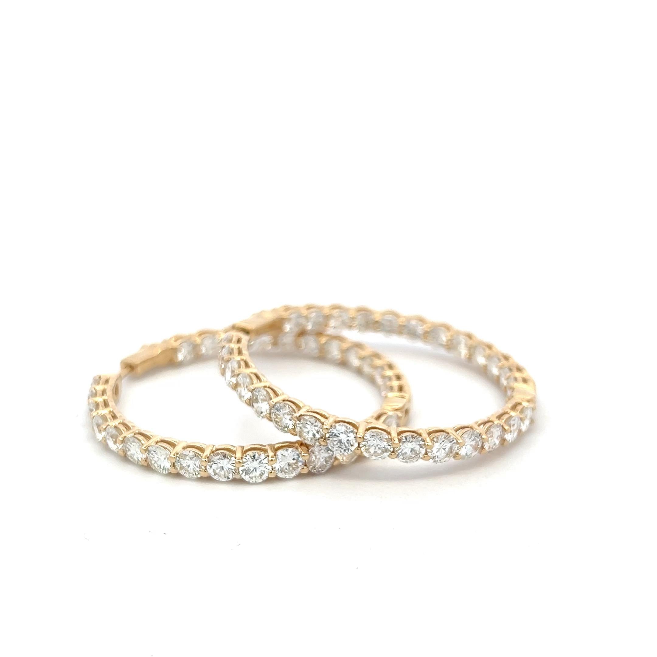 Vintage 14K Yellow Gold Hoop Earrings with 12.42 Carat Round G-VS Diamonds