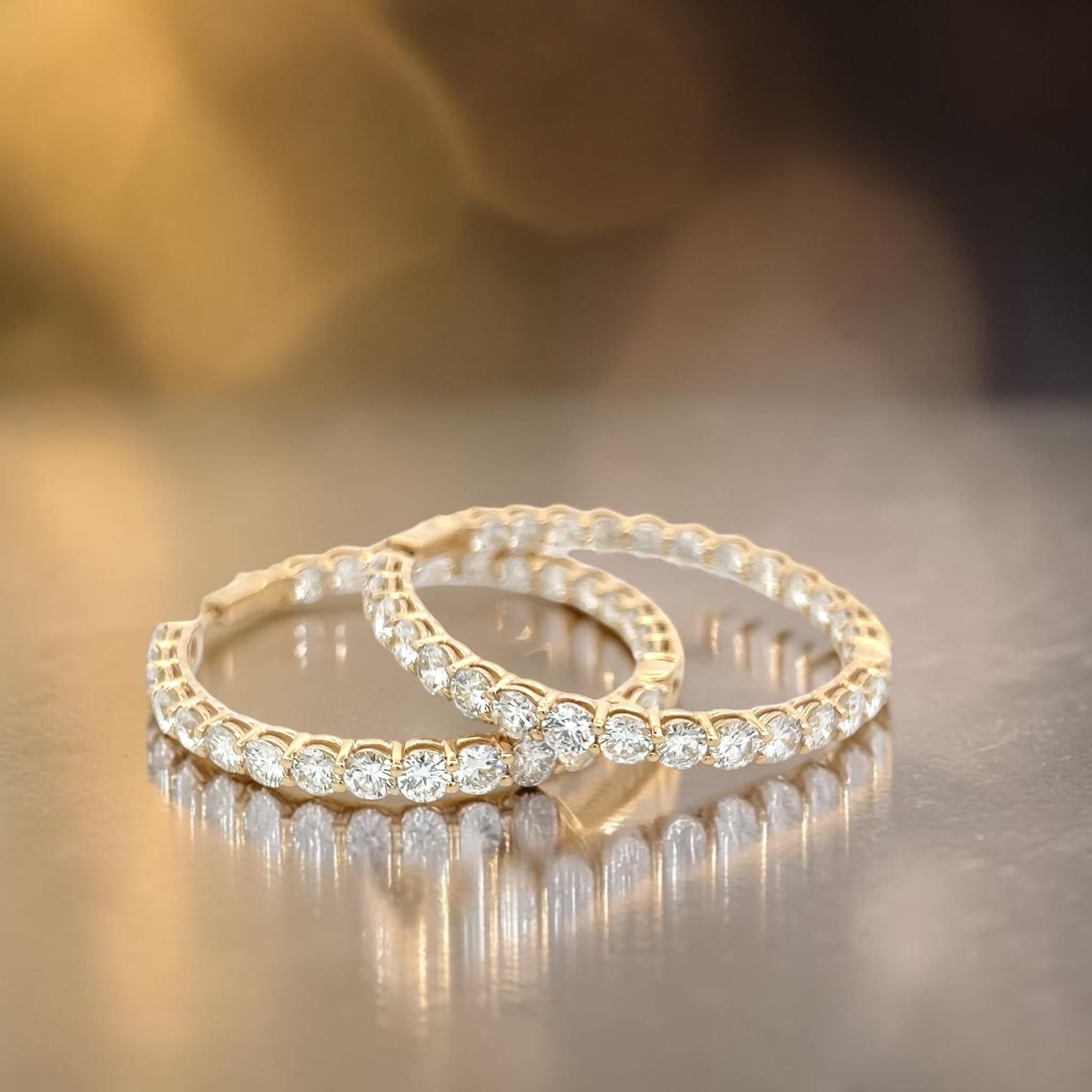 Vintage 14K Yellow Gold Hoop Earrings with 12.42 Carat Round G-VS Diamonds