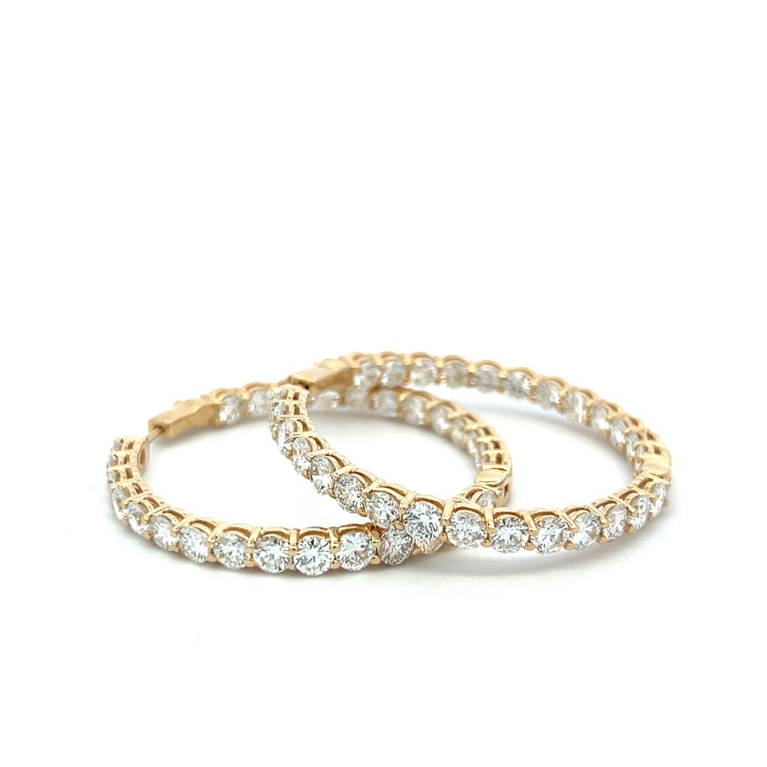 Vintage 14K Yellow Gold Hoop Earrings with 12.42 Carat Round G-VS Diamonds