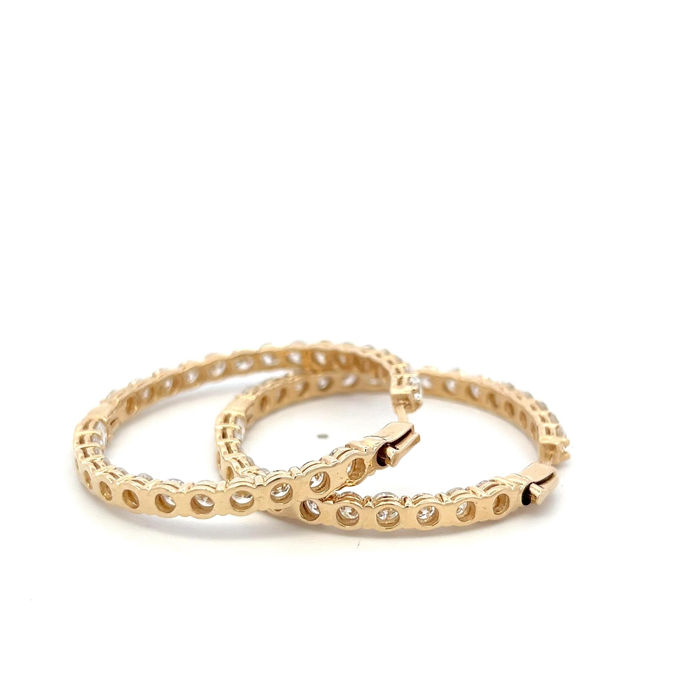 Vintage 14K Yellow Gold Hoop Earrings with 12.42 Carat Round G-VS Diamonds