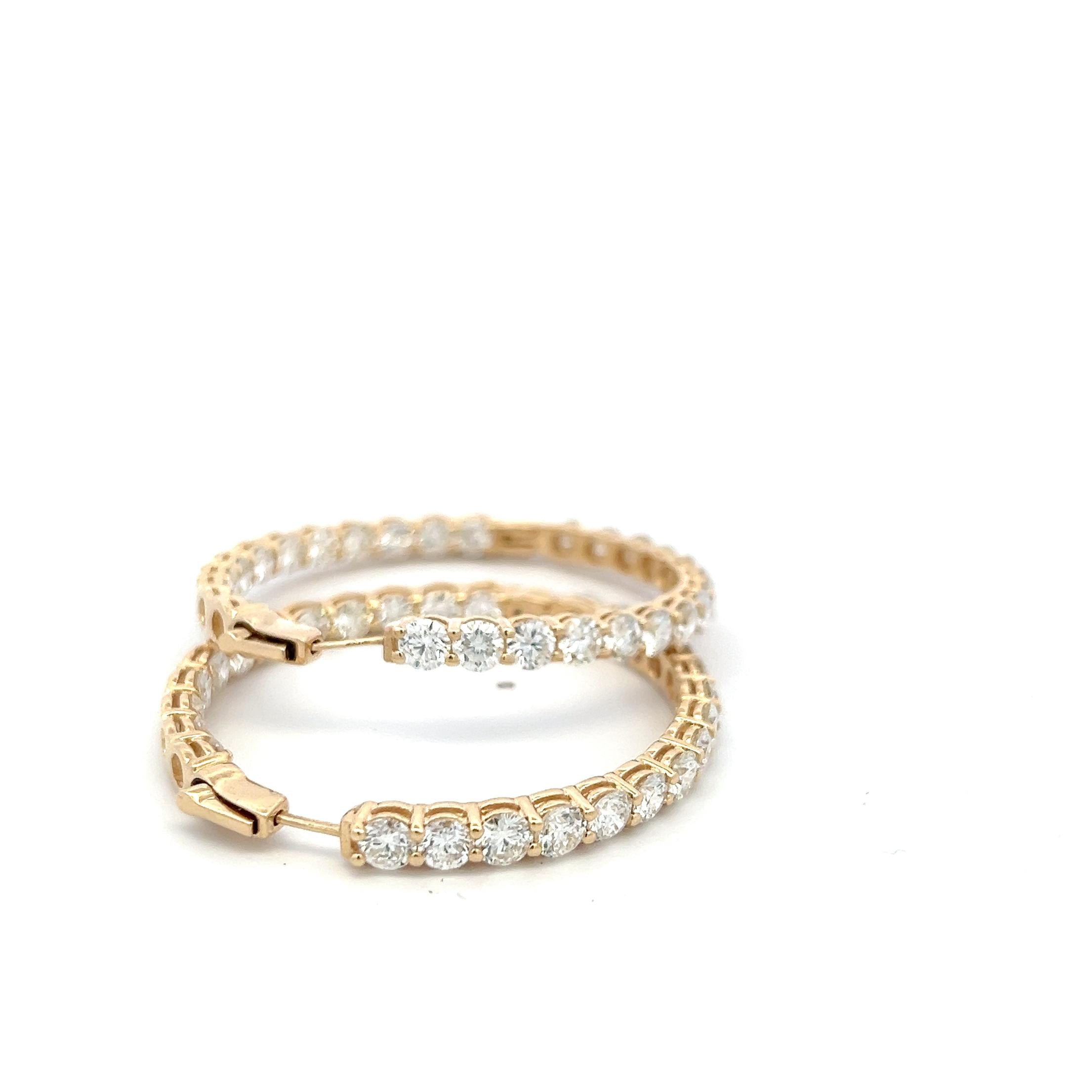 Vintage 14K Yellow Gold Hoop Earrings with 12.42 Carat Round G-VS Diamonds