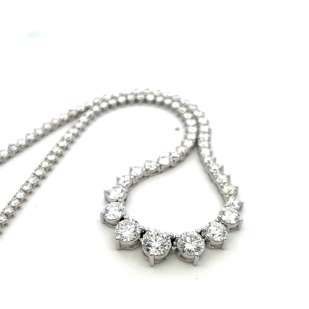 Vintage 18K White Gold Riviera Necklace with 20.49 Carat Round Diamonds GIA