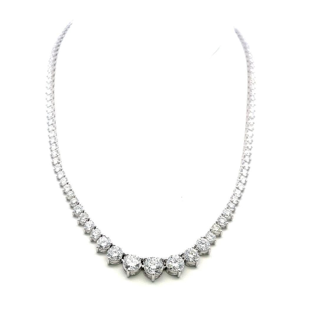 Vintage 18K White Gold Riviera Necklace with 20.49 Carat Round Diamonds GIA