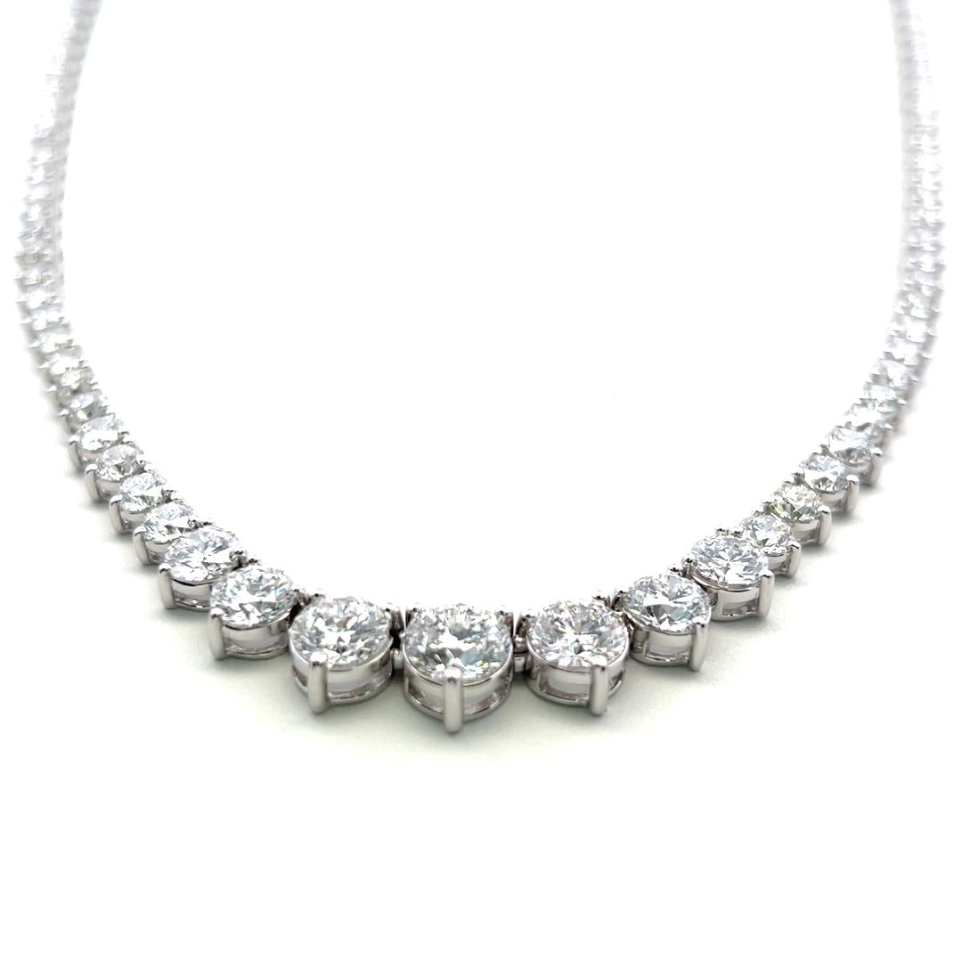 Vintage 18K White Gold Riviera Necklace with 20.49 Carat Round Diamonds GIA
