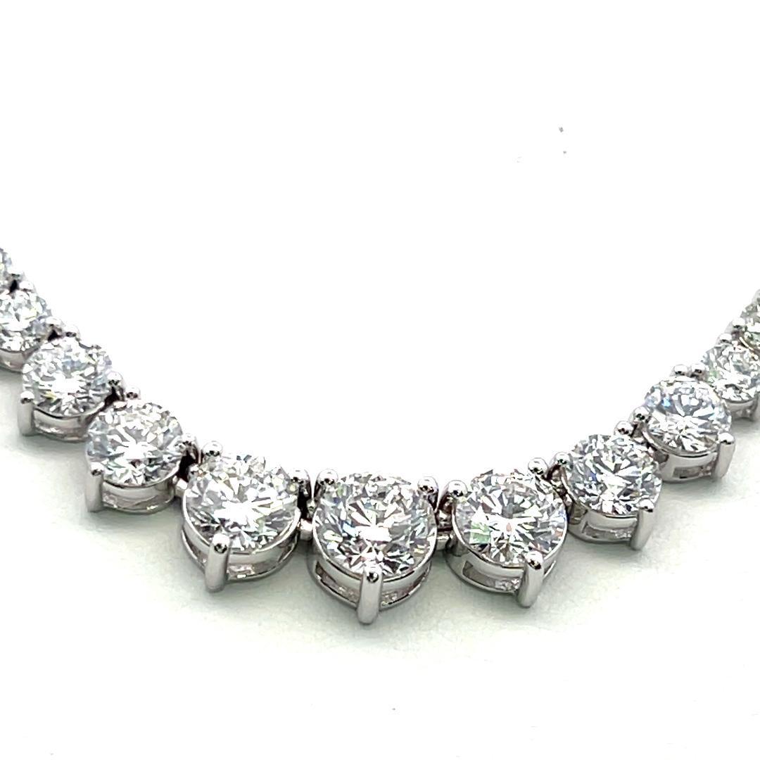 Vintage 18K White Gold Riviera Necklace with 20.49 Carat Round Diamonds GIA
