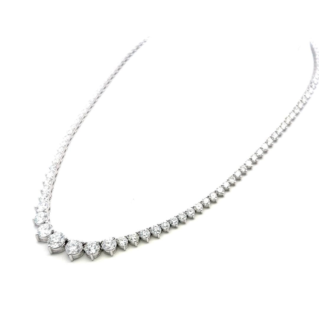 Vintage 18K White Gold Riviera Necklace with 20.49 Carat Round Diamonds GIA