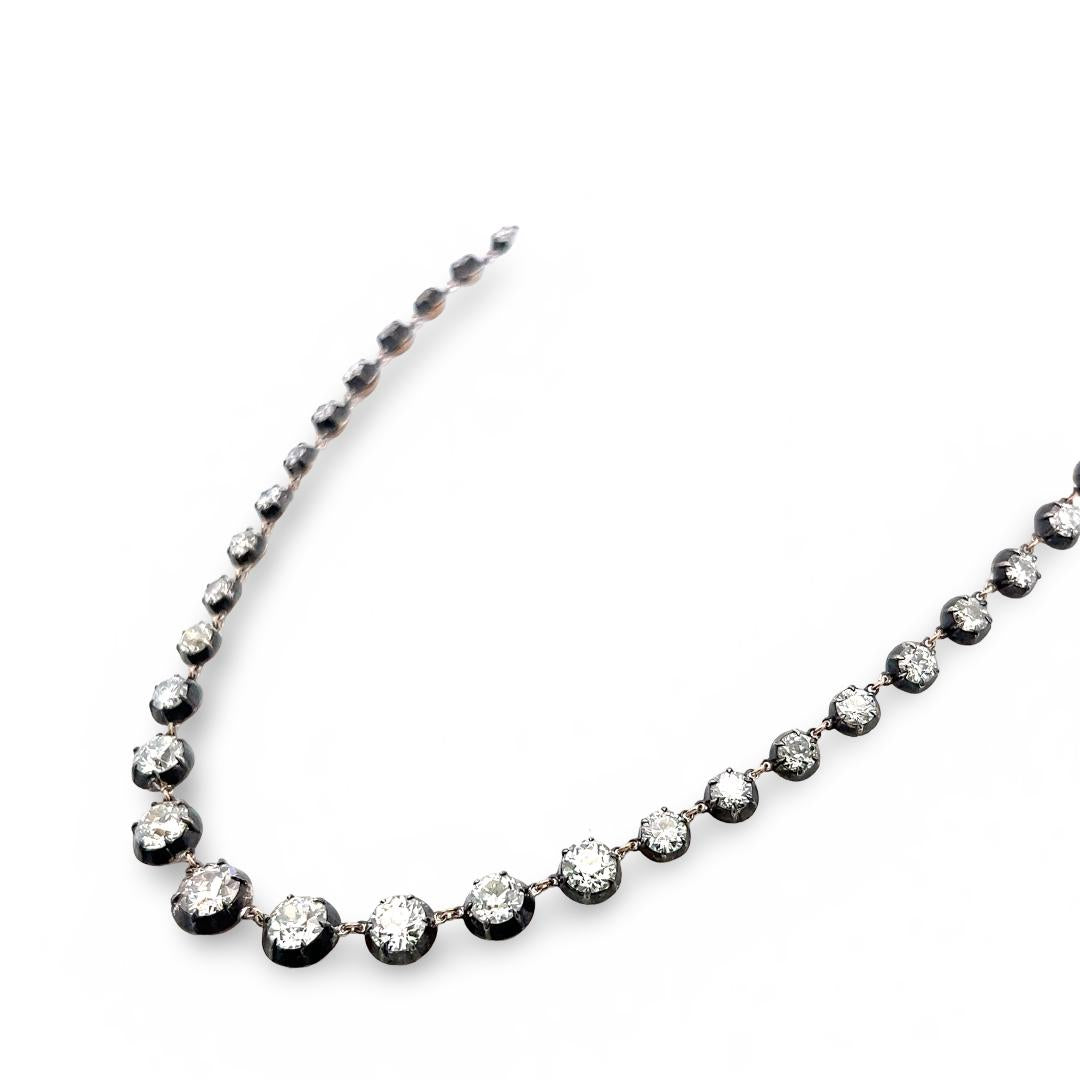 18K Gold Silver Riviera Necklace with 11.22 Carat Old European Cut Diamonds GIA