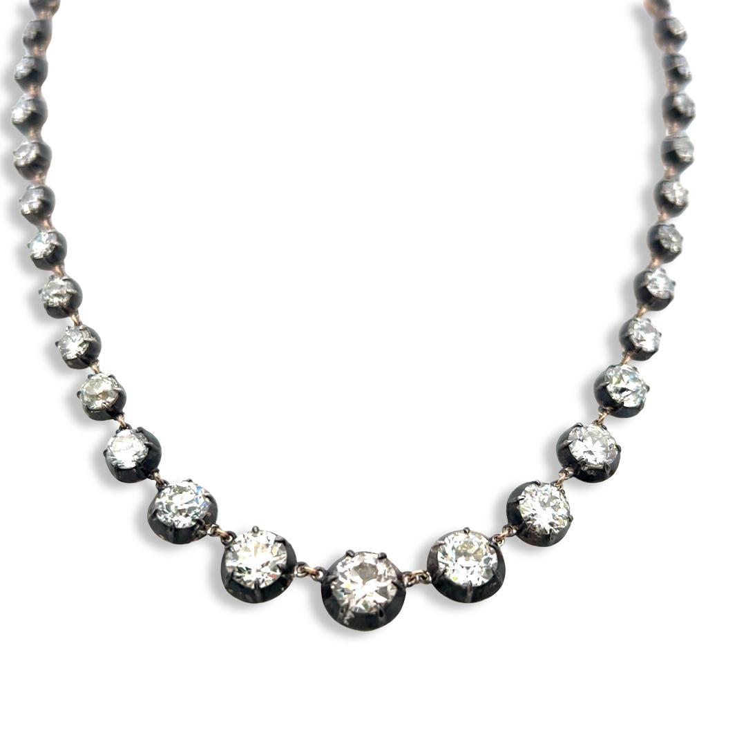 18K Gold Silver Riviera Necklace with 11.22 Carat Old European Cut Diamonds GIA