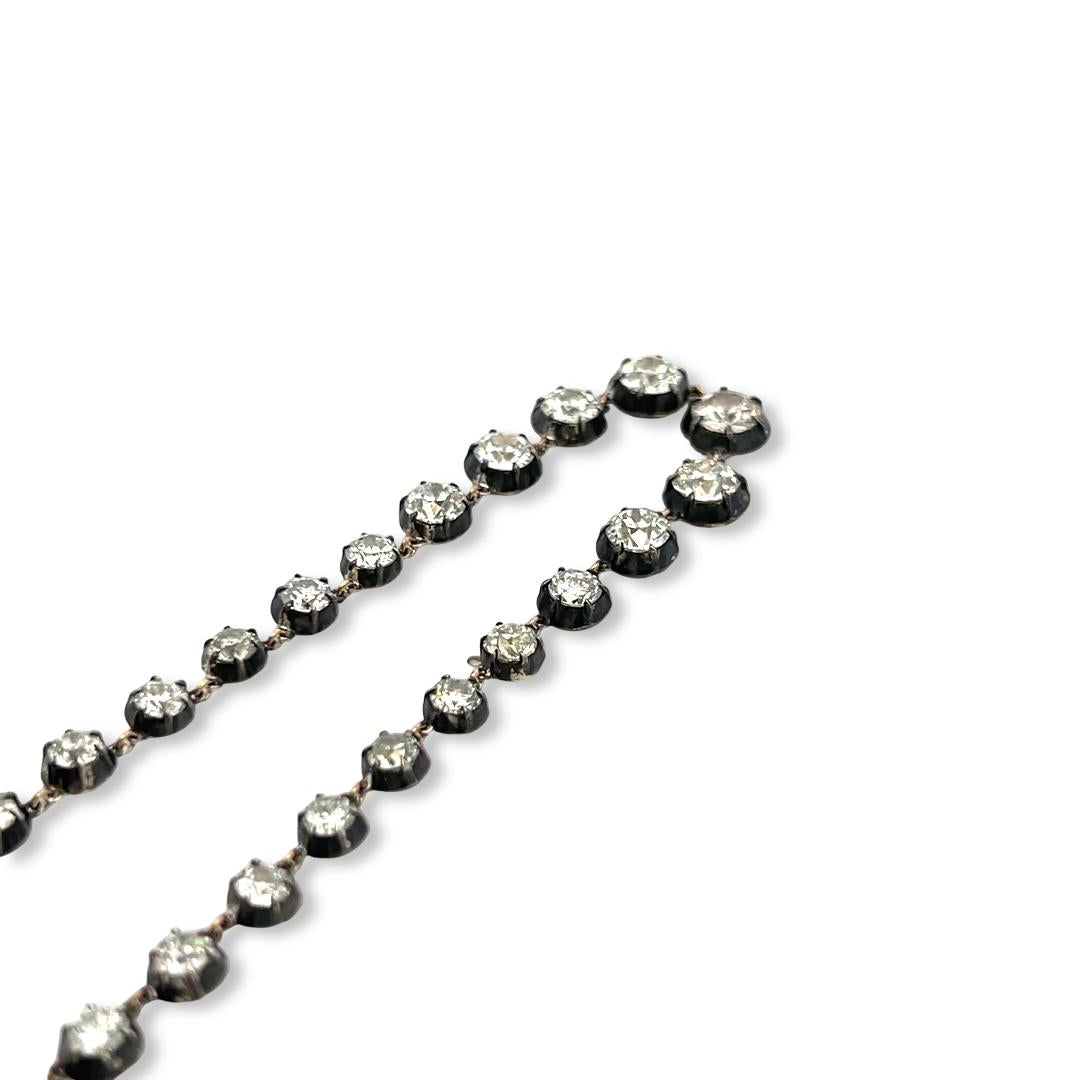 18K Gold Silver Riviera Necklace with 11.22 Carat Old European Cut Diamonds GIA