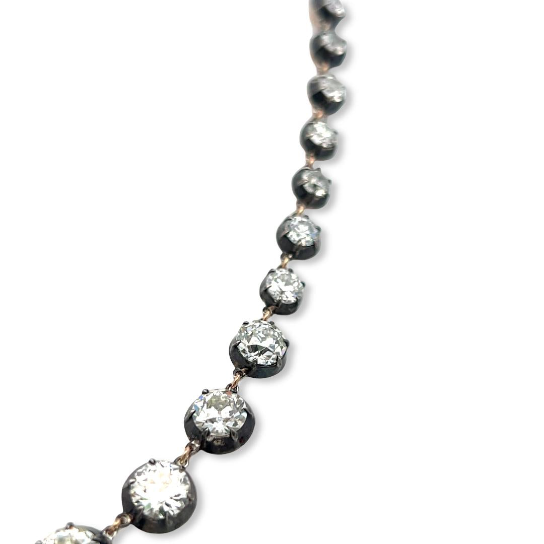 18K Gold Silver Riviera Necklace with 11.22 Carat Old European Cut Diamonds GIA