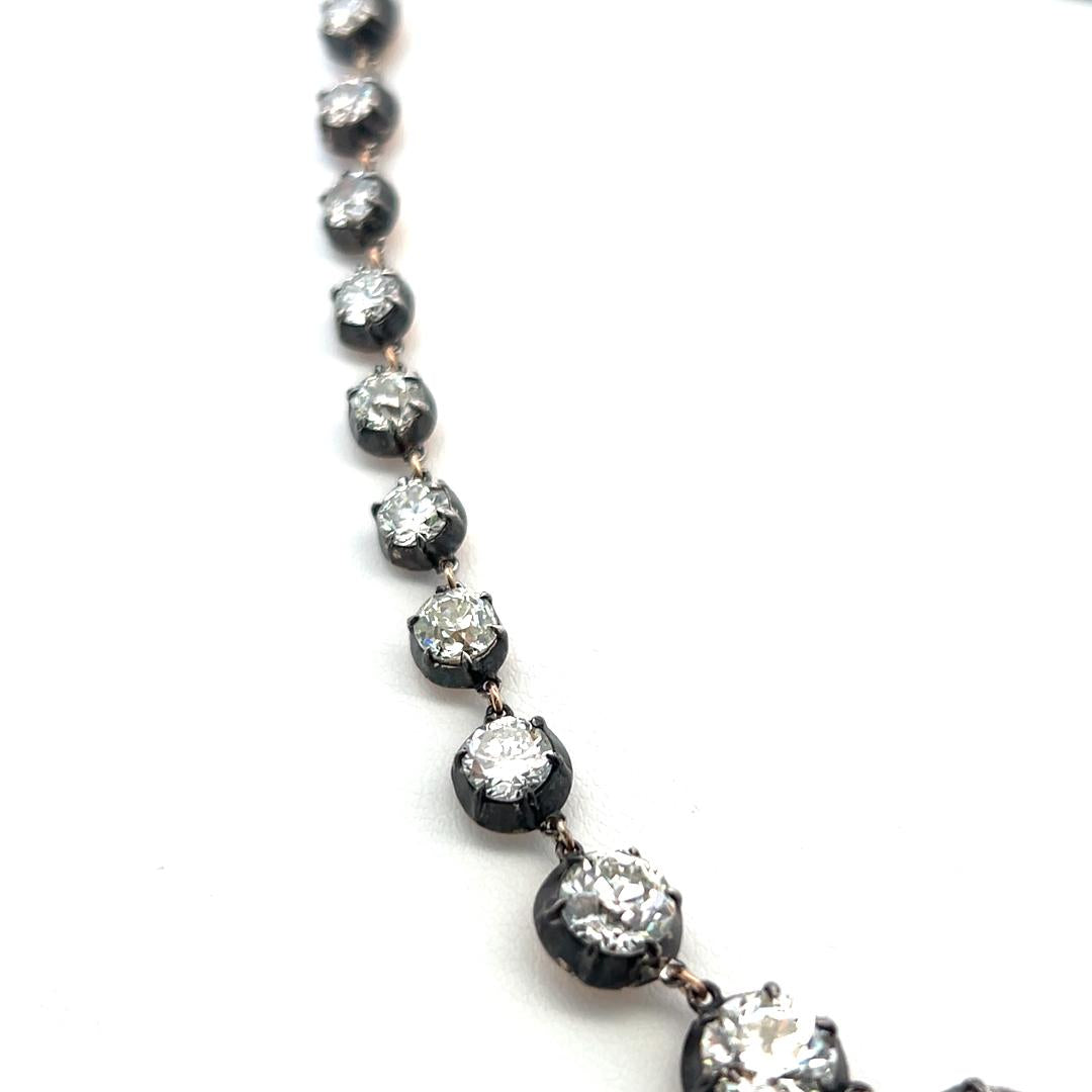 18K Gold Silver Riviera Necklace with 11.22 Carat Old European Cut Diamonds GIA