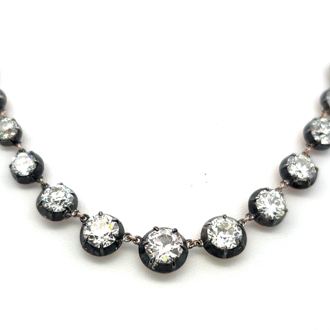 18K Gold Silver Riviera Necklace with 11.22 Carat Old European Cut Diamonds GIA