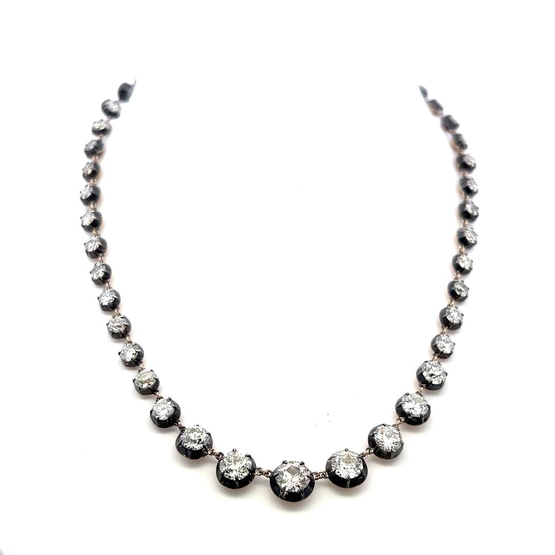 18K Gold Silver Riviera Necklace with 11.22 Carat Old European Cut Diamonds GIA