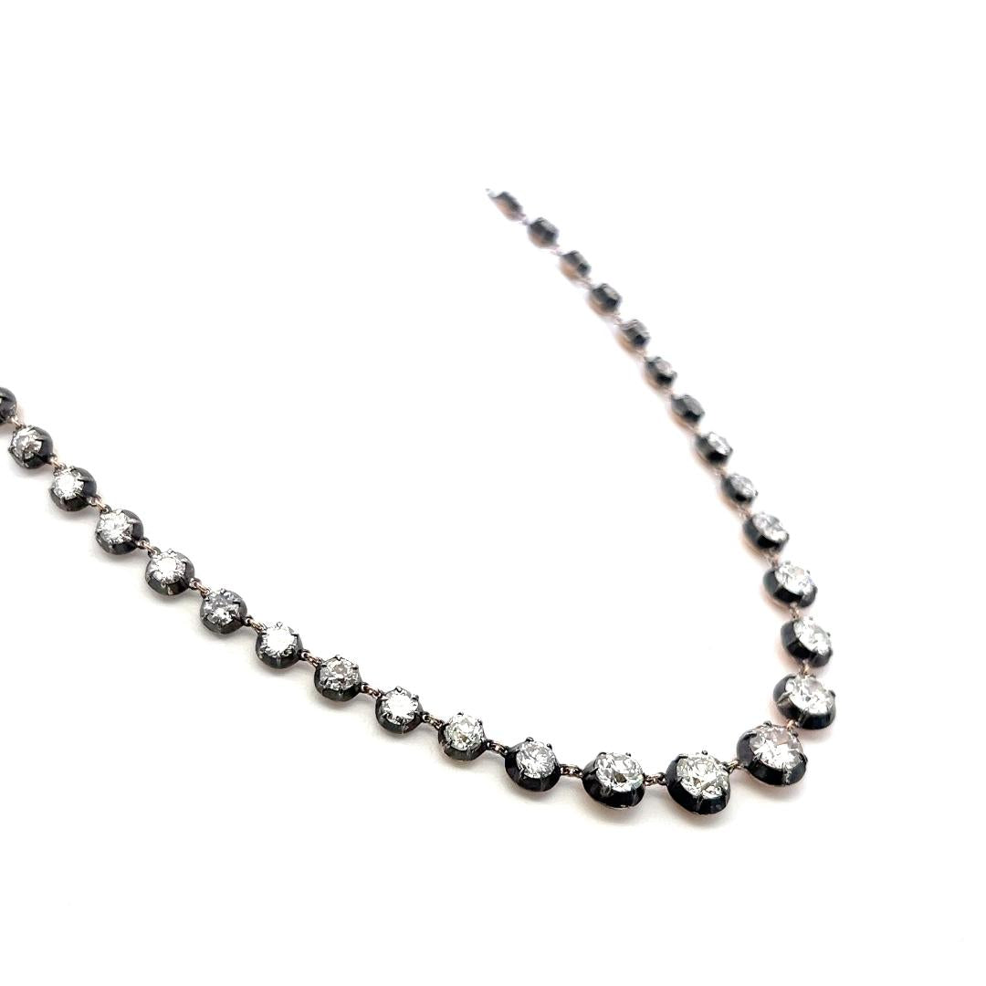 18K Gold Silver Riviera Necklace with 11.22 Carat Old European Cut Diamonds GIA